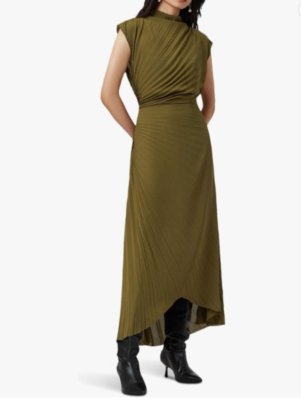 AllSaints:  Rayanna Pleated Cap Sleeve Dress, Size 8, Olive Green